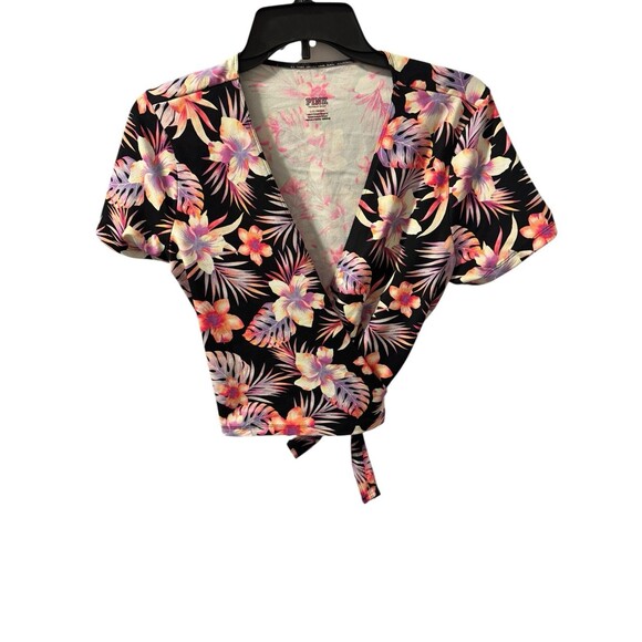 Victoria's Secret PINK Hawaiian Floral Purple Black Cropped Wrap Top Size Large - Picture 1 of 8